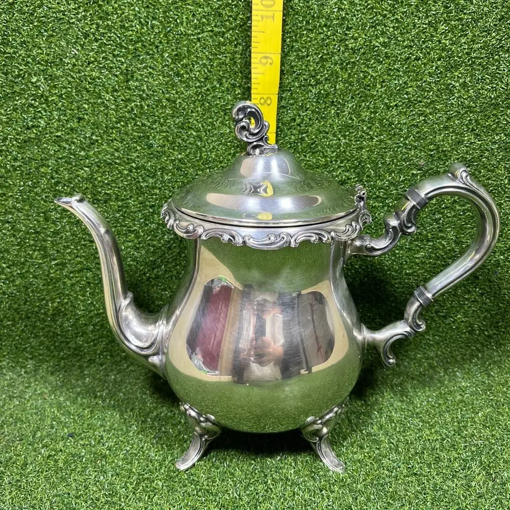 Vintage Wm Rogers Silverplate Footed Teapot Ornate Eagle Star Hinged Lid